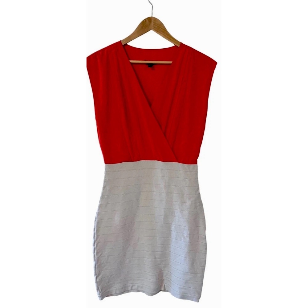 EXPRESS Colorblock Bodycon Dress Faux Wrap  Bandage Skirt Coral White Size Small